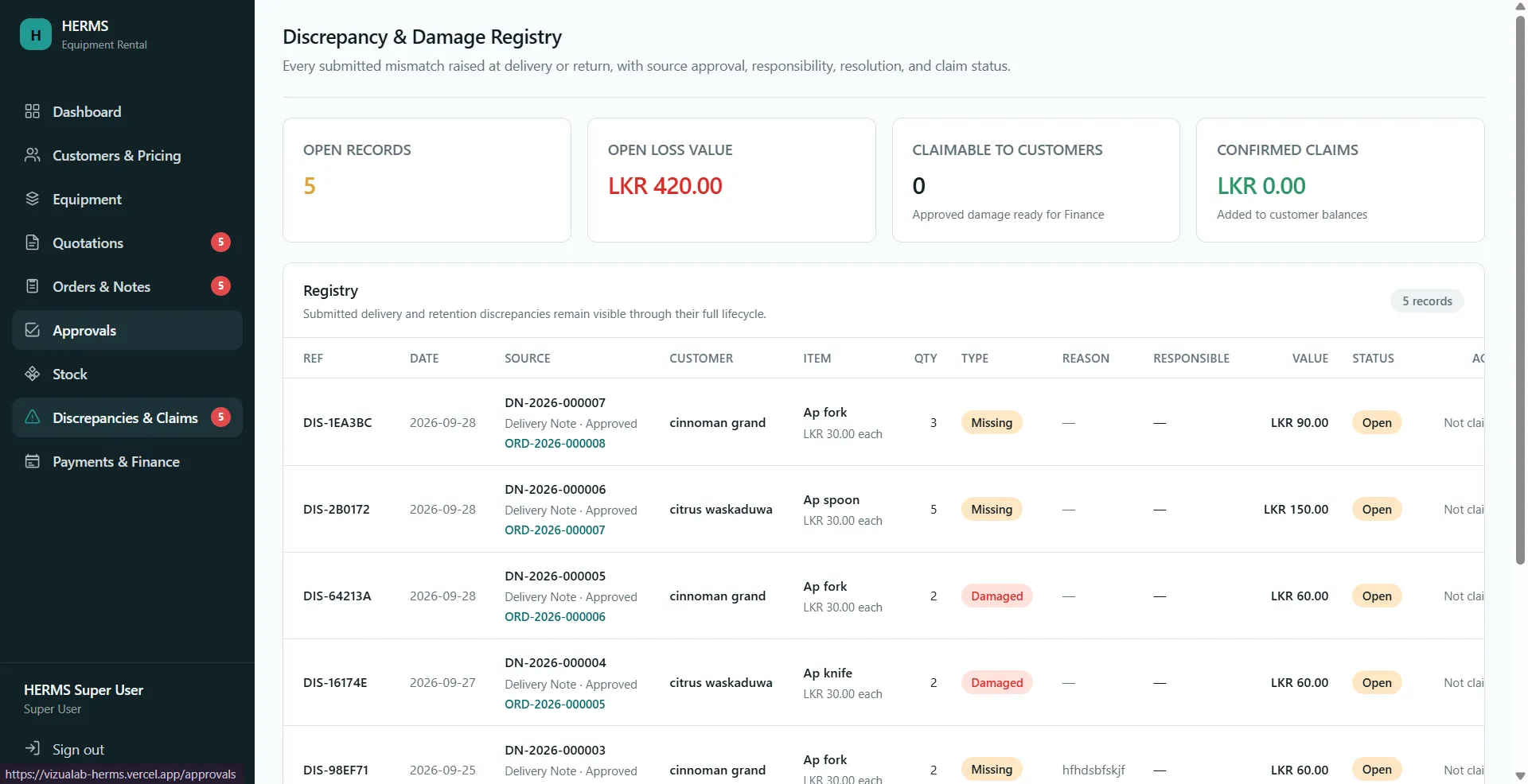 HERMS discrepancy and damage registry