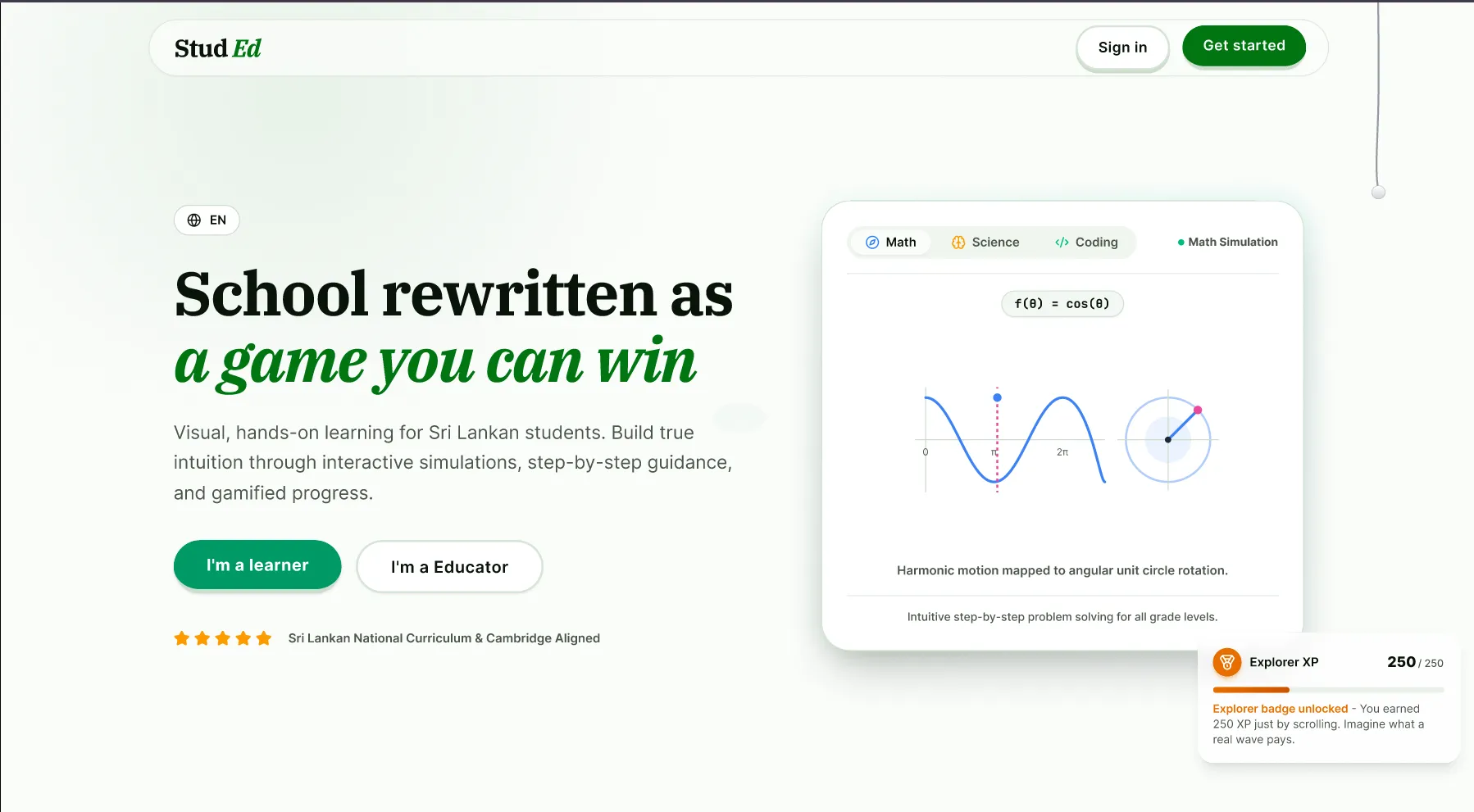 StudEd learning platform landing page