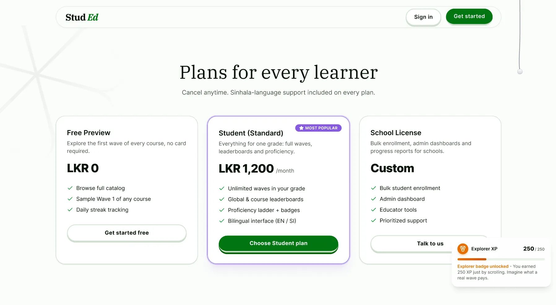 StudEd learner pricing plans