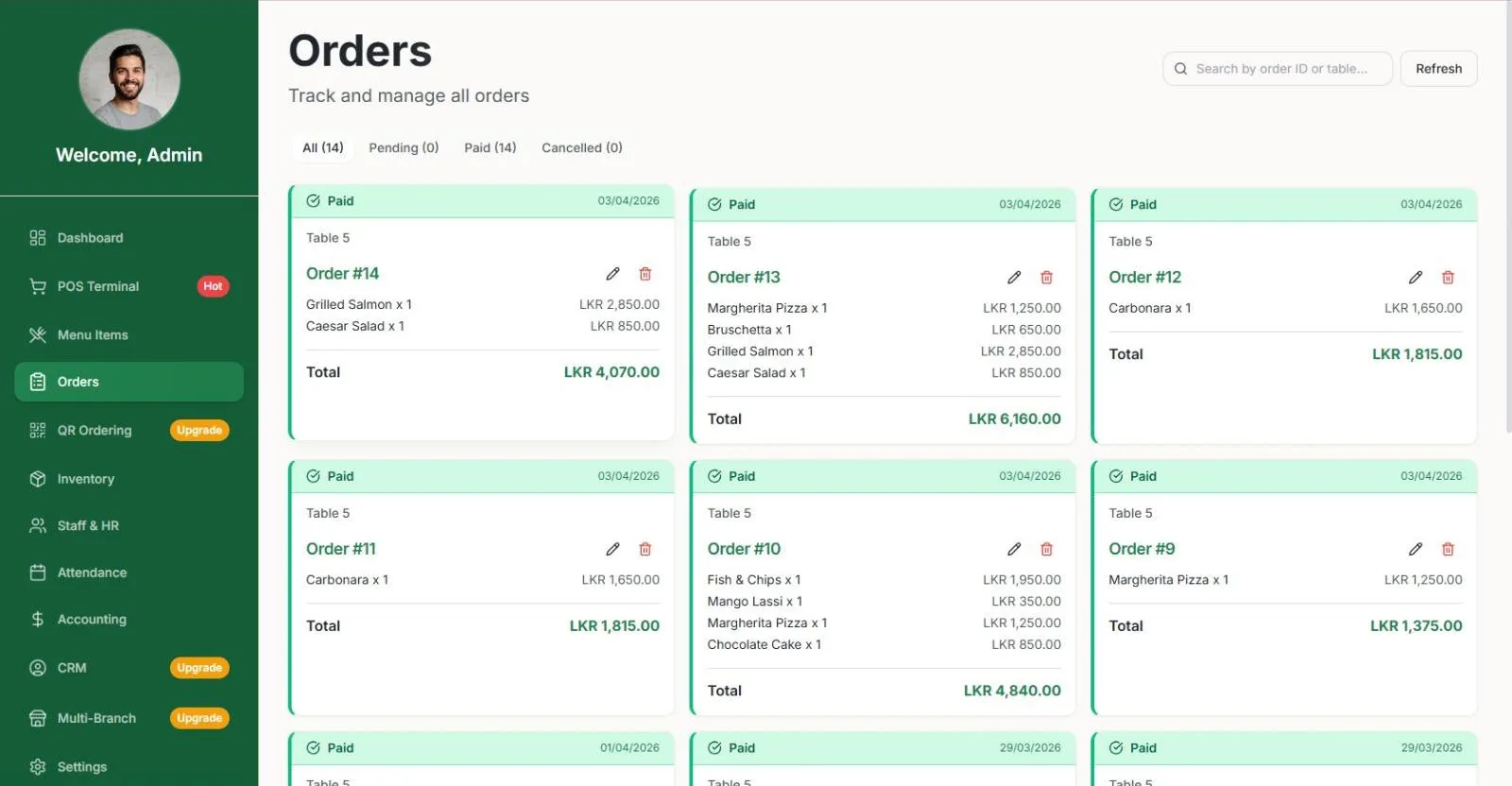 DineMate order management dashboard