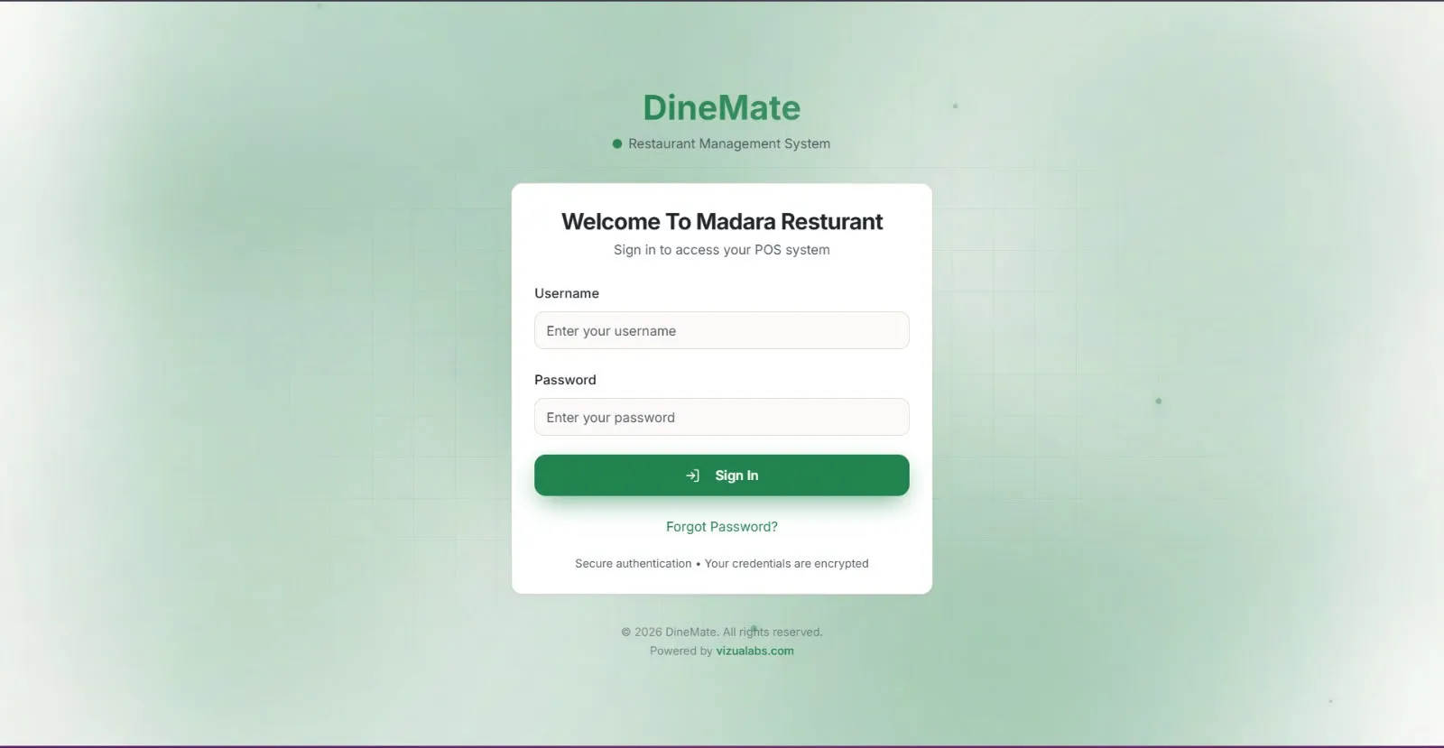 DineMate restaurant management sign-in page