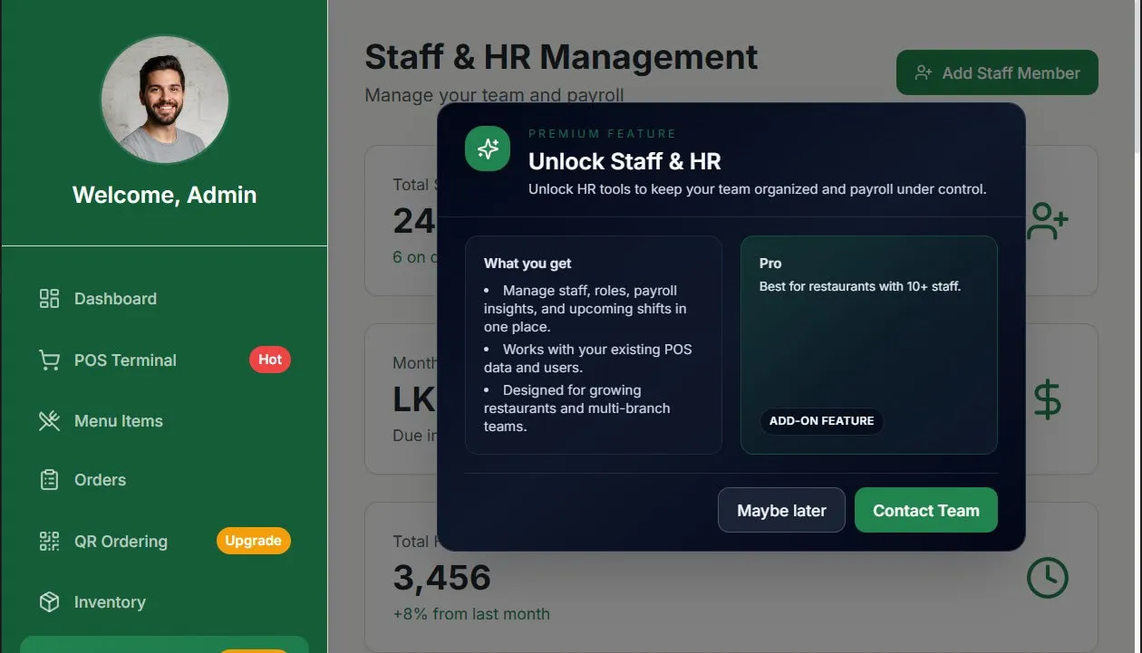 DineMate Staff and HR management interface